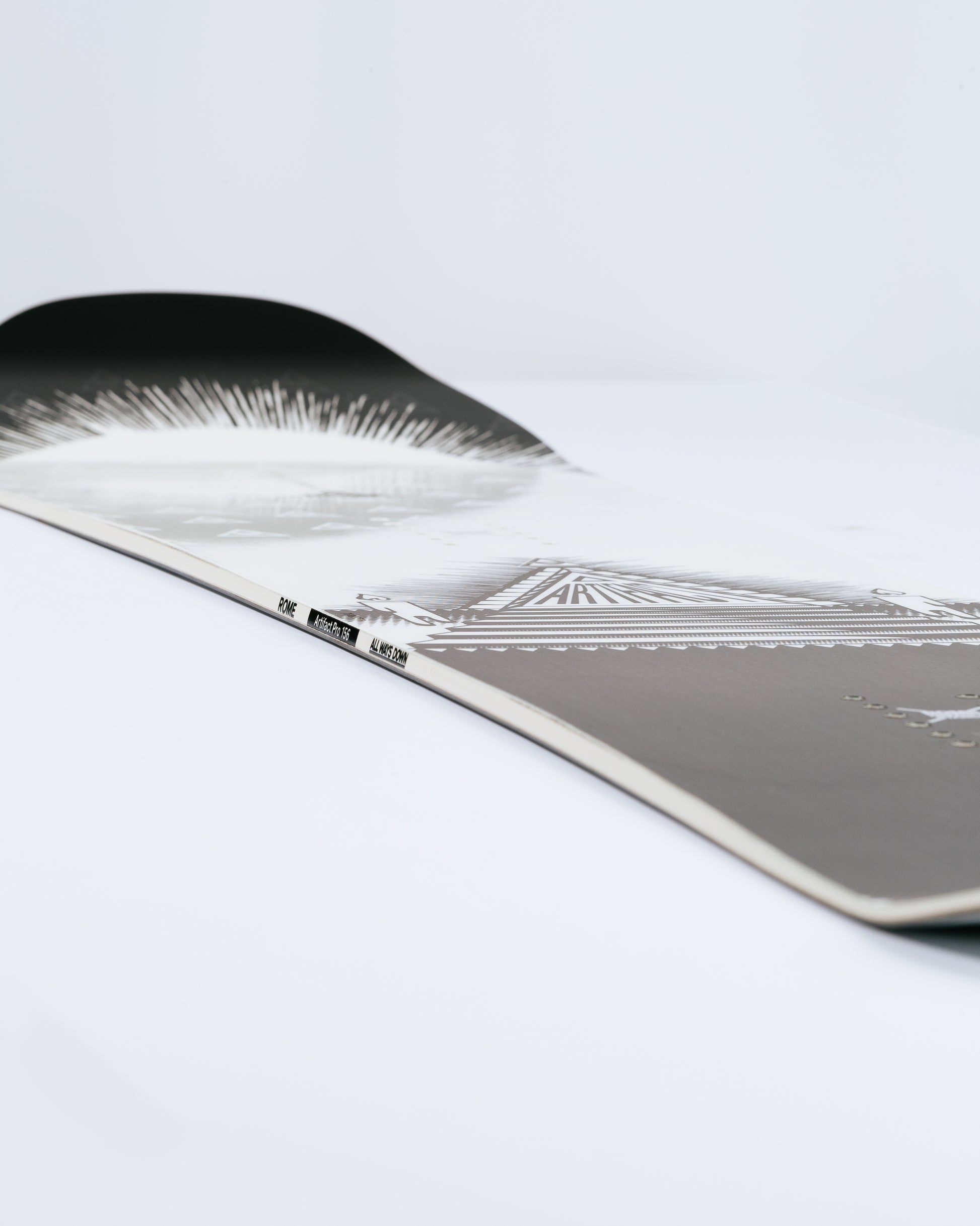 Photograph showing freestyle snowboard with stay positive camber.  Artifact Pro 2025 | Rome Snowboards™ 2025.