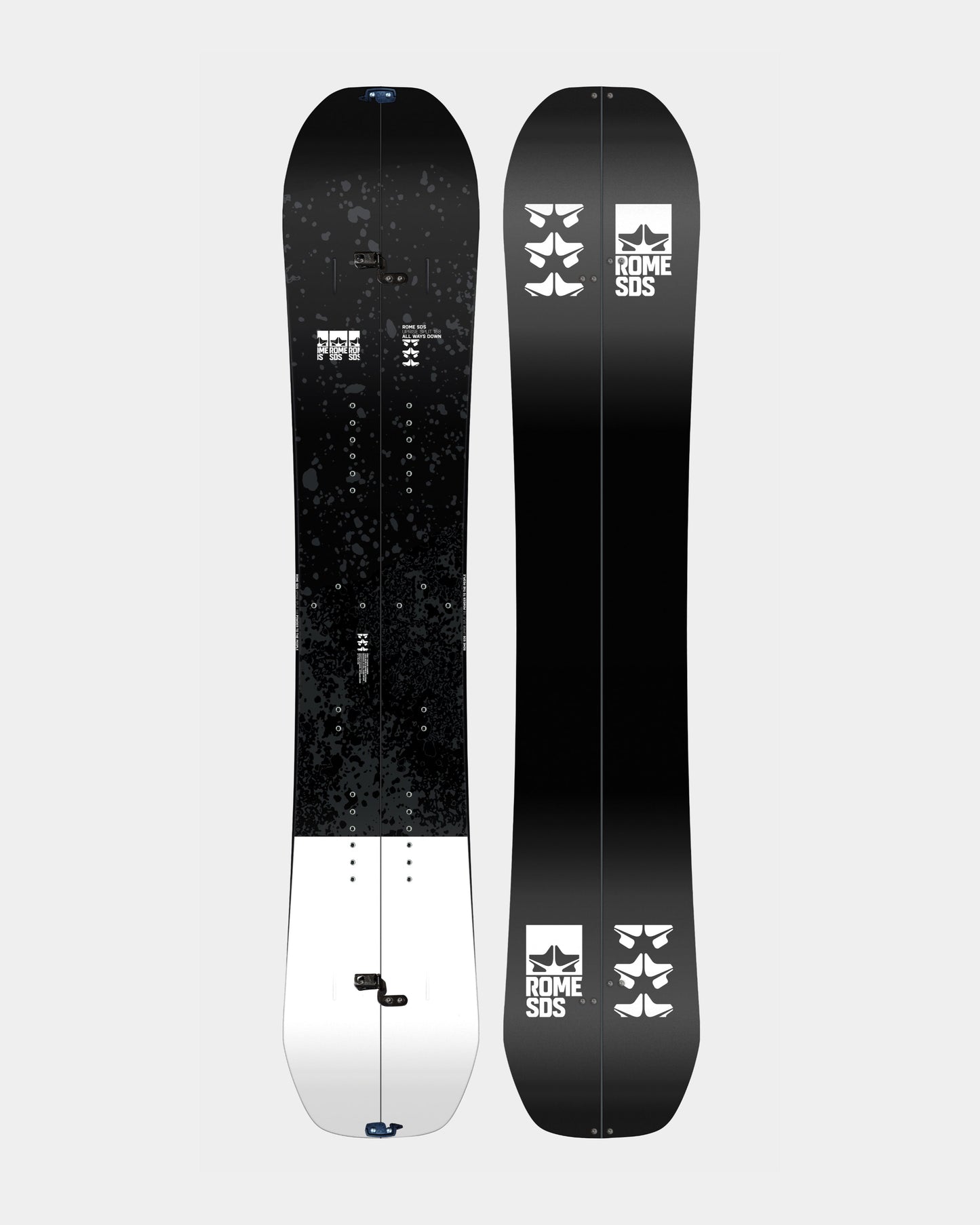 Men splitboard snowboards in black and white. Uprise Splitboard 2025 | Rome Snowboards™ 2025.