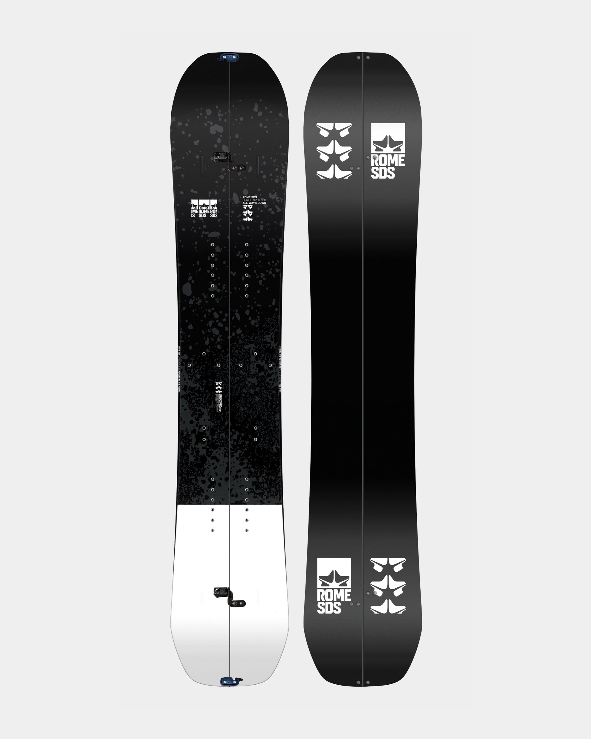 Men splitboard snowboards in black and white. Uprise Splitboard 2025 | Rome Snowboards™ 2025.