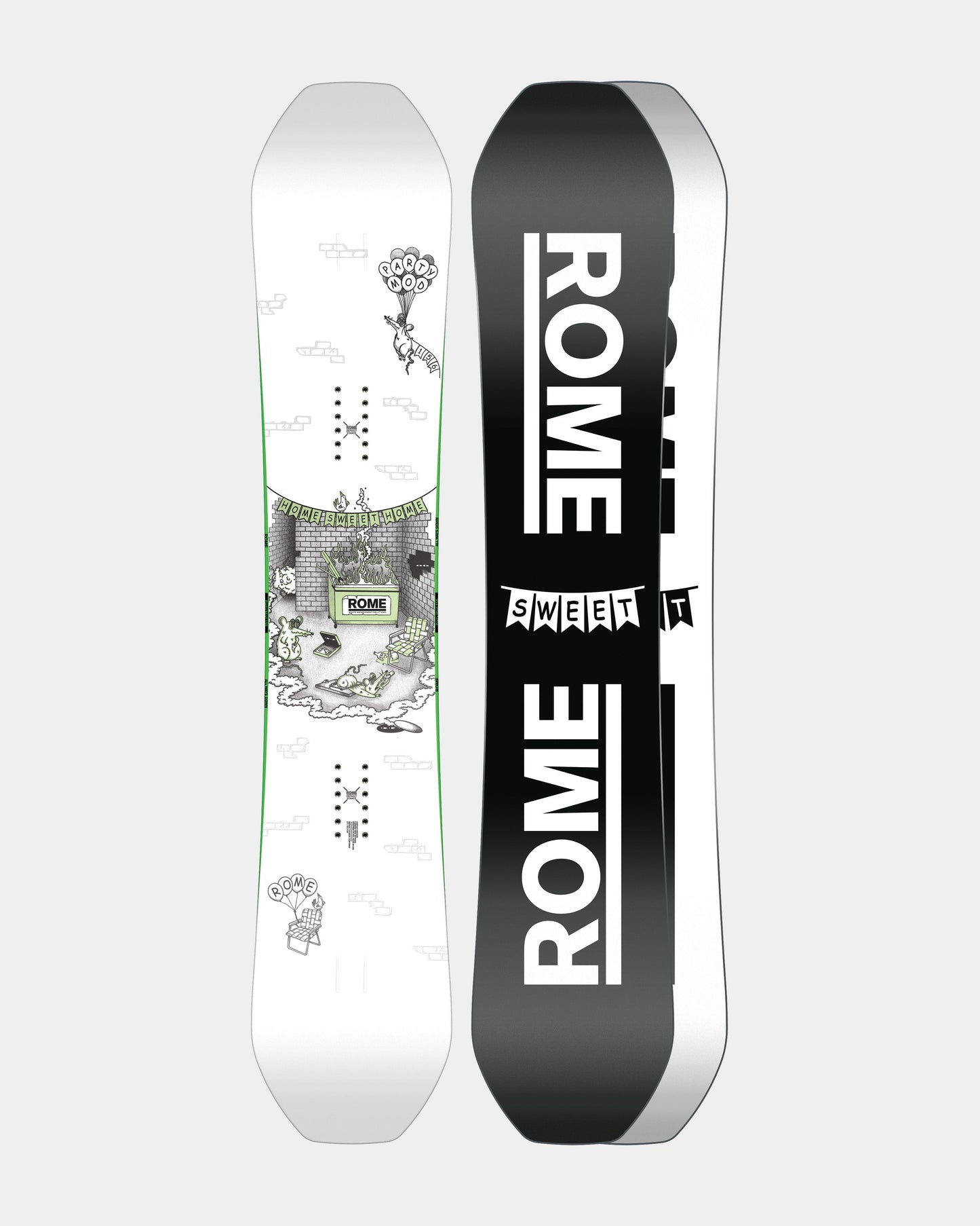 Men snowboards in black and white with rat. Party Mod 2025 | Rome Snowboards™ 2025.