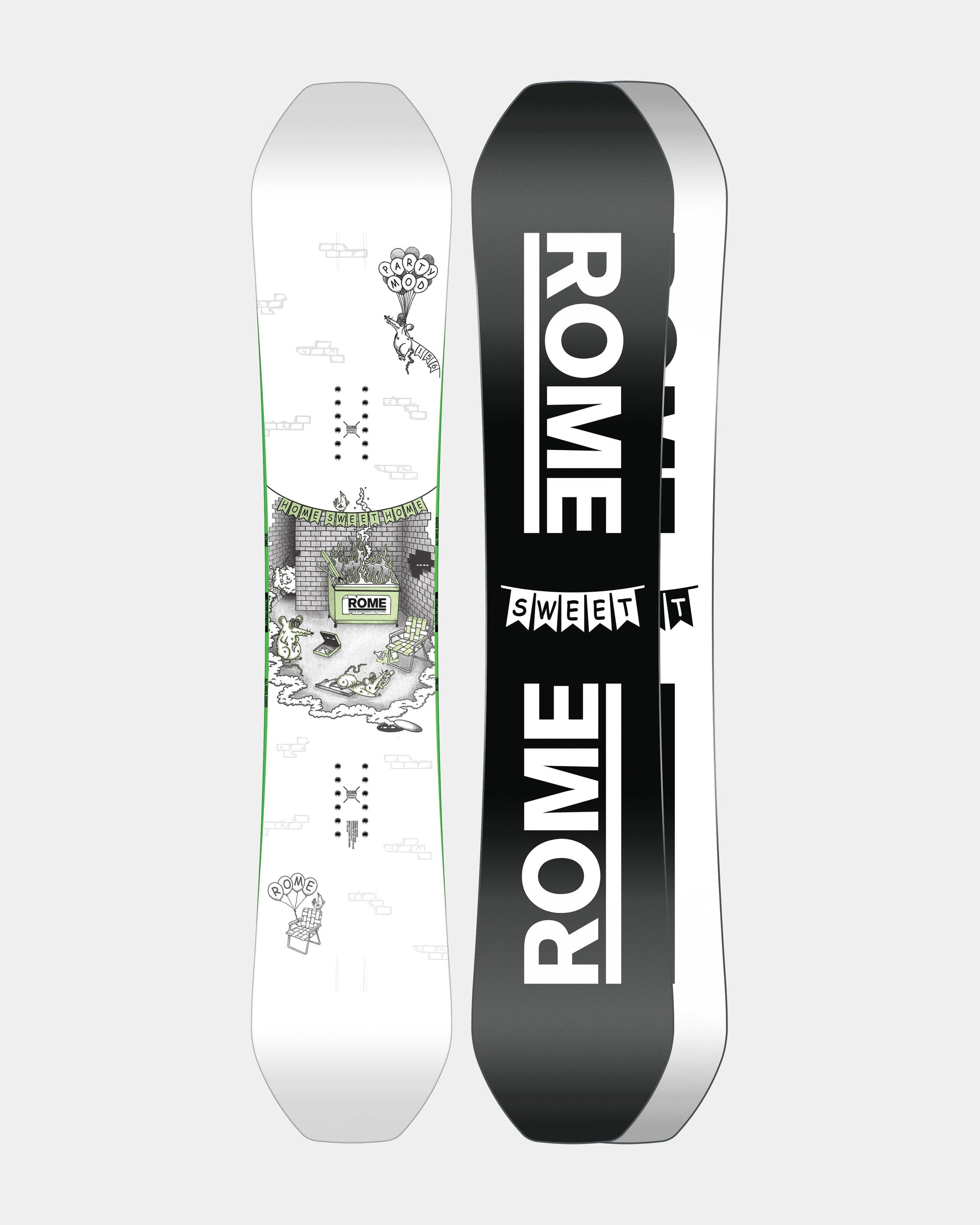 Men snowboards in black and white with rat. Party Mod 2025 | Rome Snowboards™ 2025.