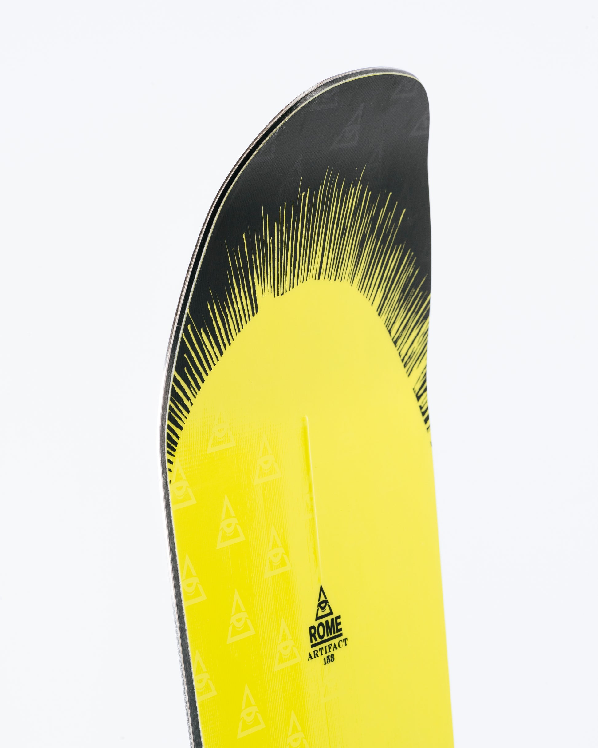 The nose of freestyle snowboard with Double Kick and HotRod technology visible.  Artifact 2025 | Rome Snowboards™ 2025.