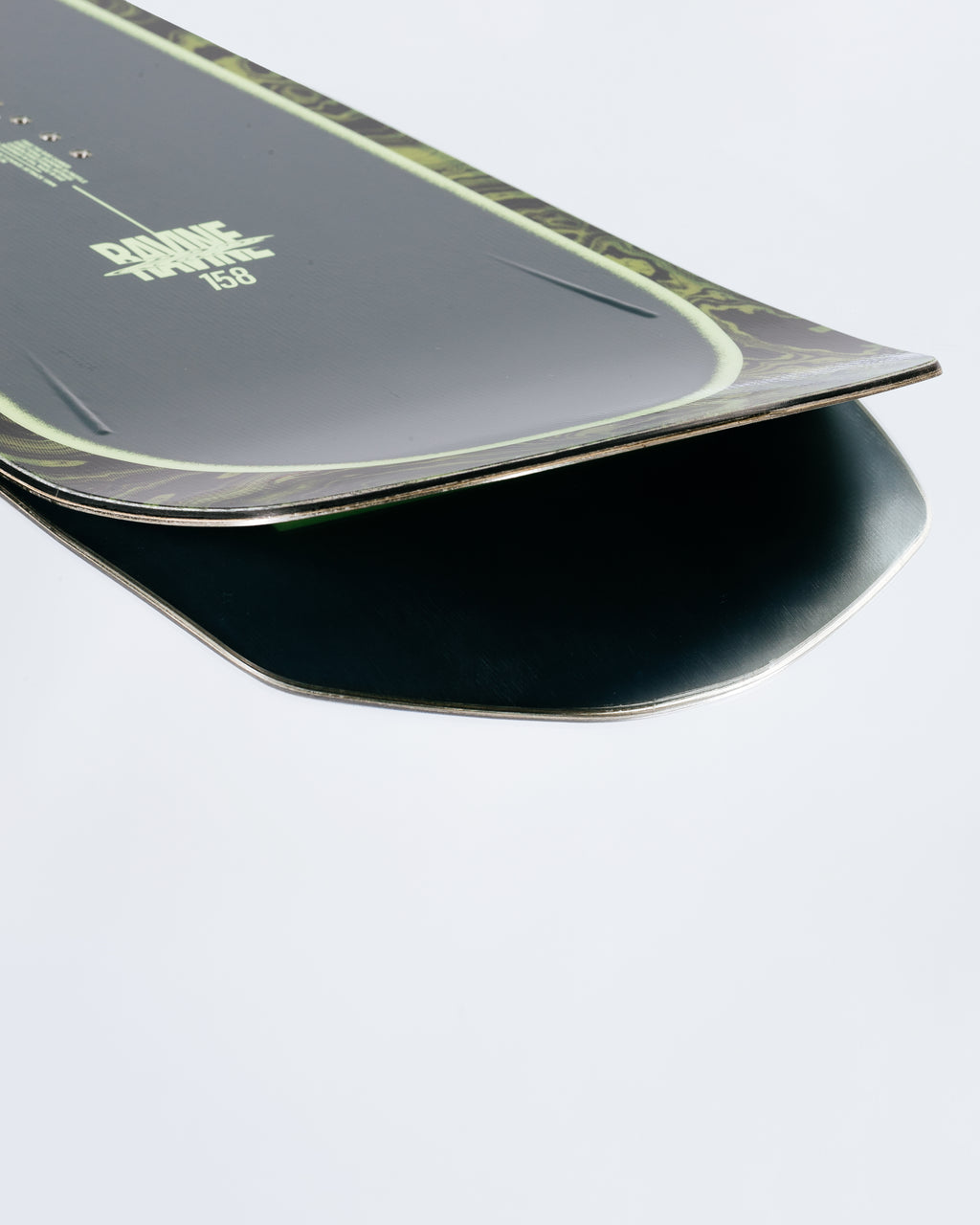 The tail and base of the powder snowboard with HotRods and SinterStrong base. Rome Ravine 2025 | Rome Snowboards™