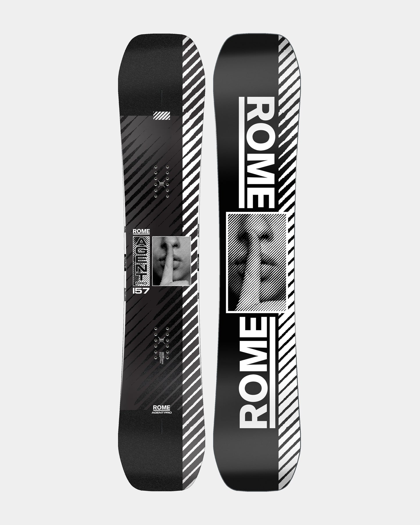 Men snowboards in black and white. Agent Pro 2025 | Rome Snowboards™ 2025.