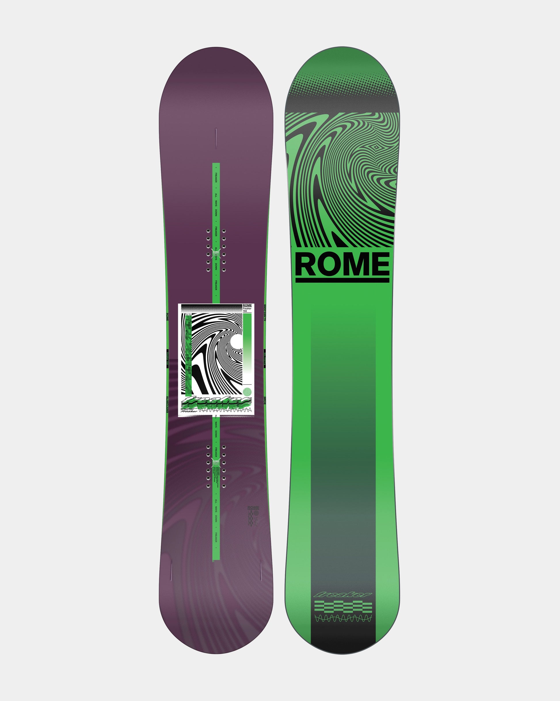 Men snowboards in green. Freaker 2025 | Rome Snowboards™ 2025.