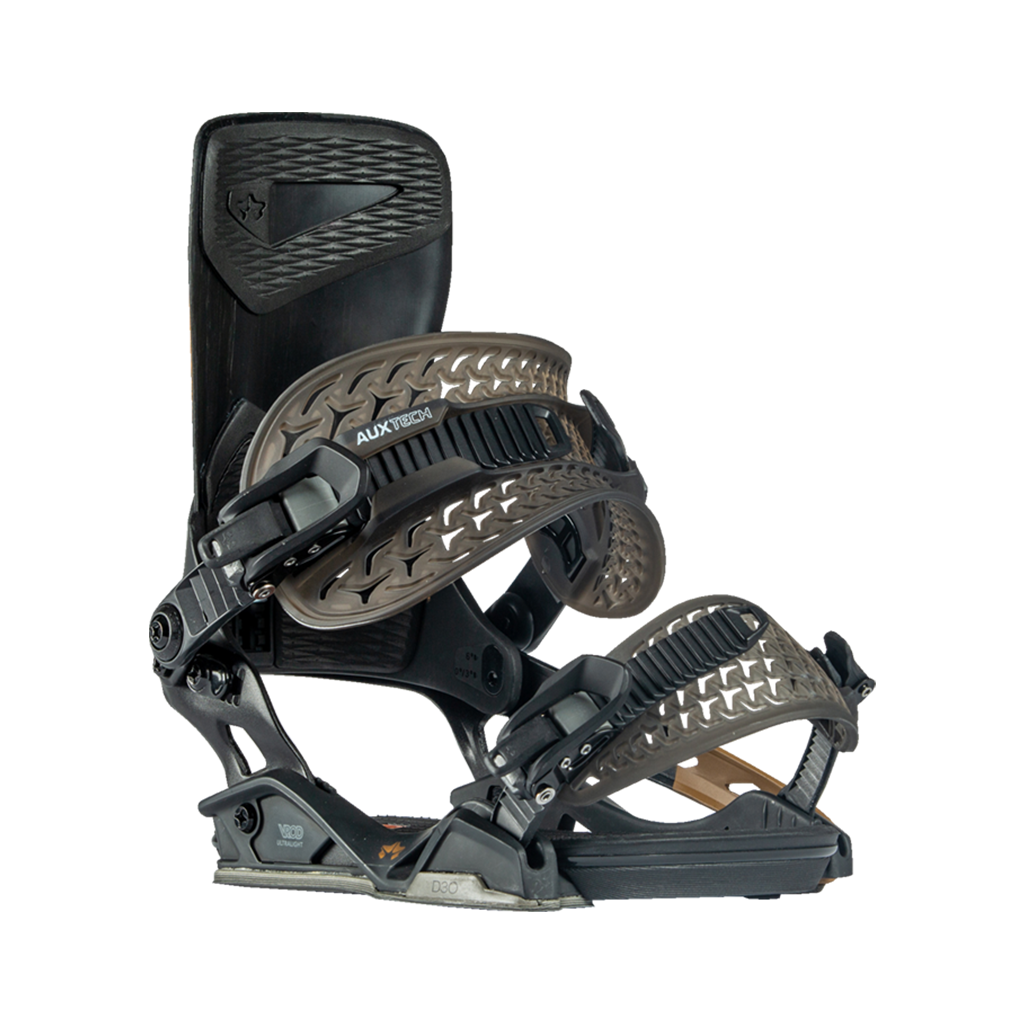 Rome Black Label snowboard bindings front view aux tech by rome snowboards
