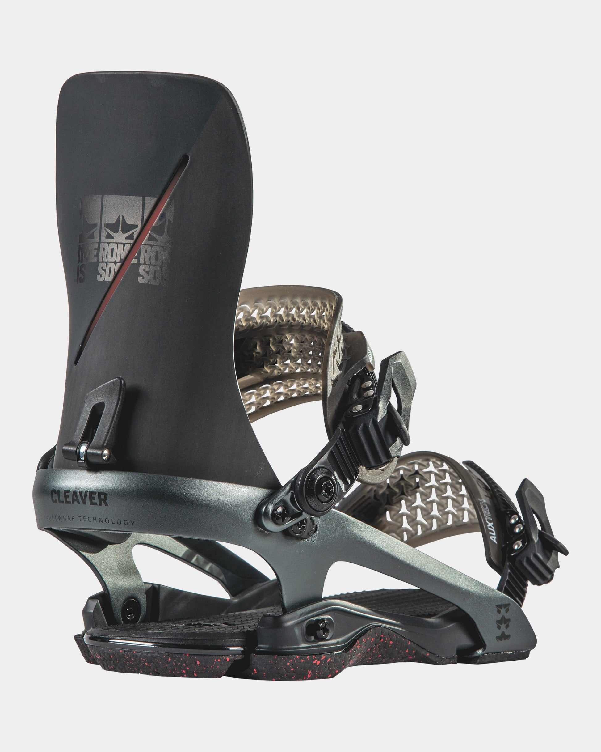 rome cleaver 2023 mens snowboard bindings product photo from back cover shot in studio color black grain