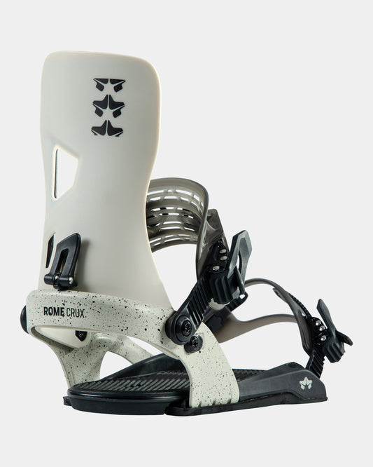 Rome Crux bindings 2023 mens snowboard bindings product photo from the back cover shot in the studio color bone white